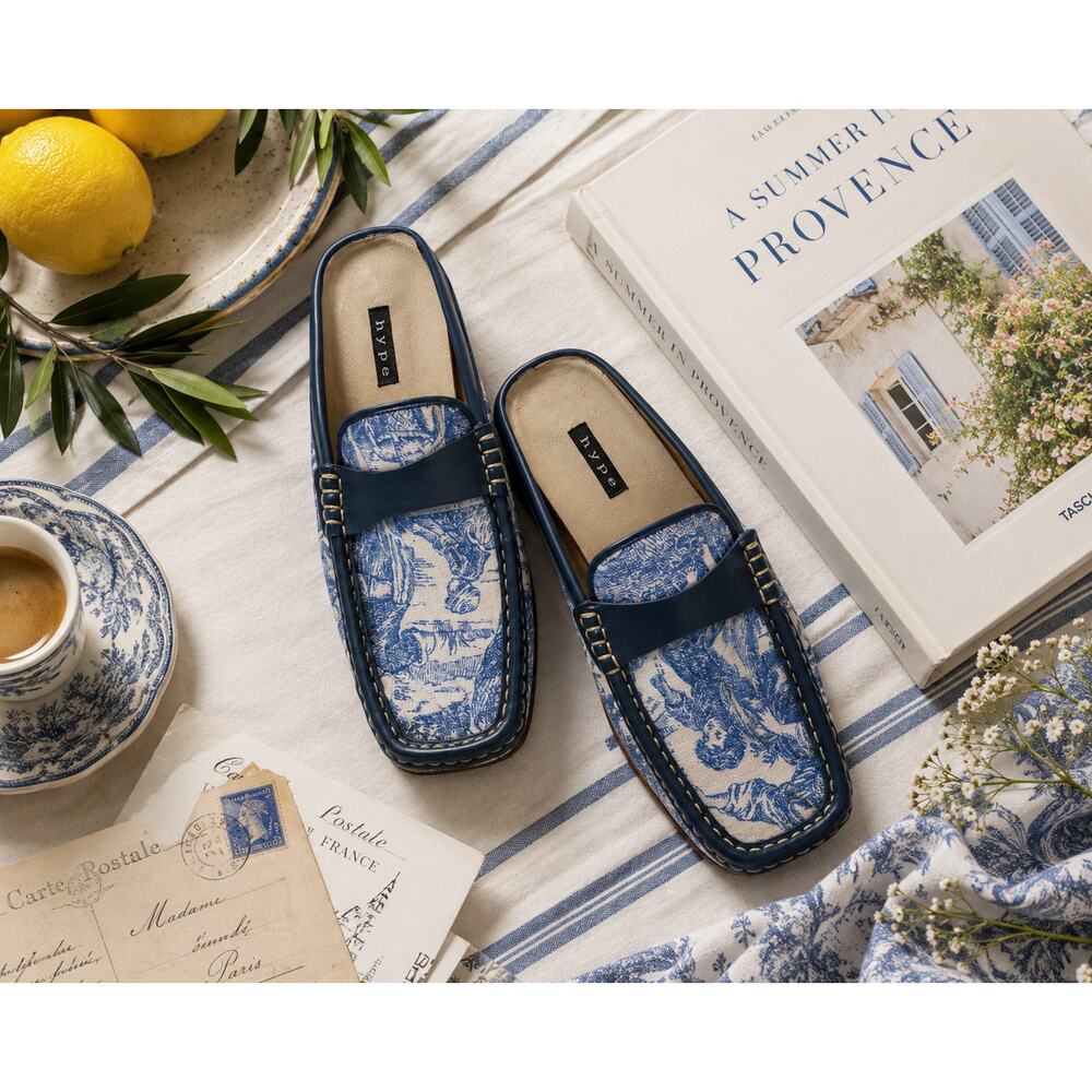 Vintage Toile Print Mule Loafers Blue White Square Toe Shoes Spain 7.5